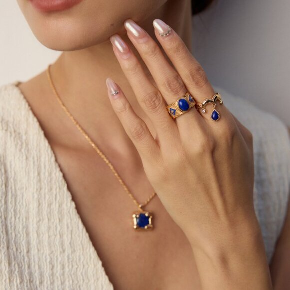 ✨ Artisan Original Lapis Lazuli & Enamel Statement Ring | S925 Gold Adjustable - Picture 5 of 15